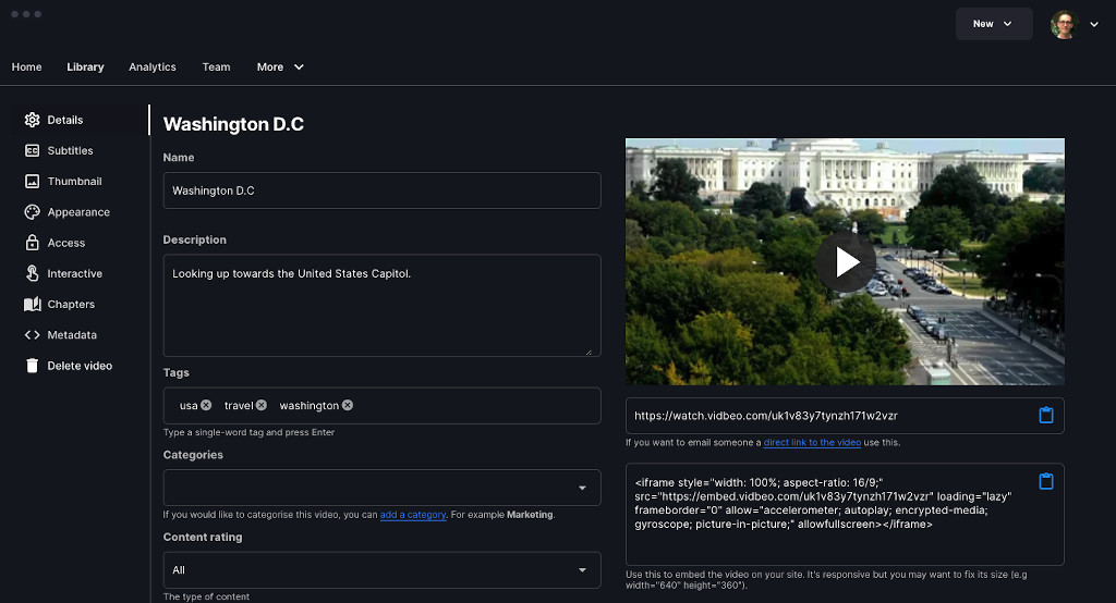 Vidbeo video CMS dashboard